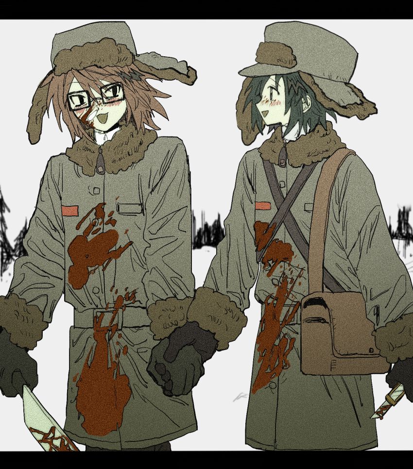 2boys bag black_eyes blood blood_on_clothes blood_on_face boxcutter brown_hair cleaver coat commentary_request glasses green_coat green_hair grey_background hat highres holding holding_hands holding_knife knife letterboxed looking_at_another male_focus multiple_boys outdoors randal&#039;s_friends randal_ivory satchel short_hair tami_tome_mo tsukada_satoru ushanka walking wind