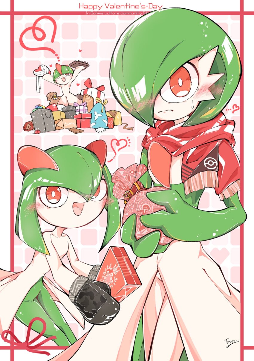 blush bob_cut bowl_cut colored_skin dress gardevoir gen_3_pokemon gift green_hair green_skin happy_valentine heart highres horns kirlia multicolored_skin nintendo open_mouth pink_eyes pokemon pokemon_(creature) ralts red_scarf scarf sidelocks signature smile tassy02917 two-tone_skin white_dress white_skin