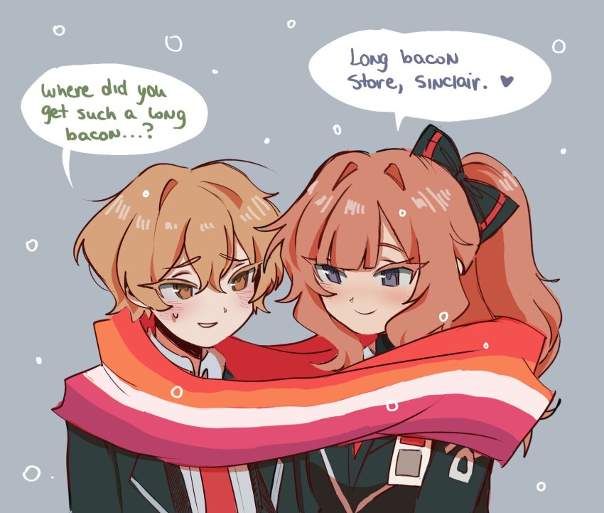 1boy 1girl black_jacket blonde_hair blue_eyes blush bow brown_hair collared_shirt english_text formal_clothes grey_background hair_bow heart highres jacket kyururirin lapels lesbian_flag lesbian_flag_print limbus_company long_bacon_store_(meme) long_hair meme necktie oc_x_canon orange_eyes original ponytail print_scarf project_moon red_necktie scarf shirt short_hair sinclair_(project_moon) smile snowing speech_bubble suit sweatdrop white_shirt win_(kyururirin)