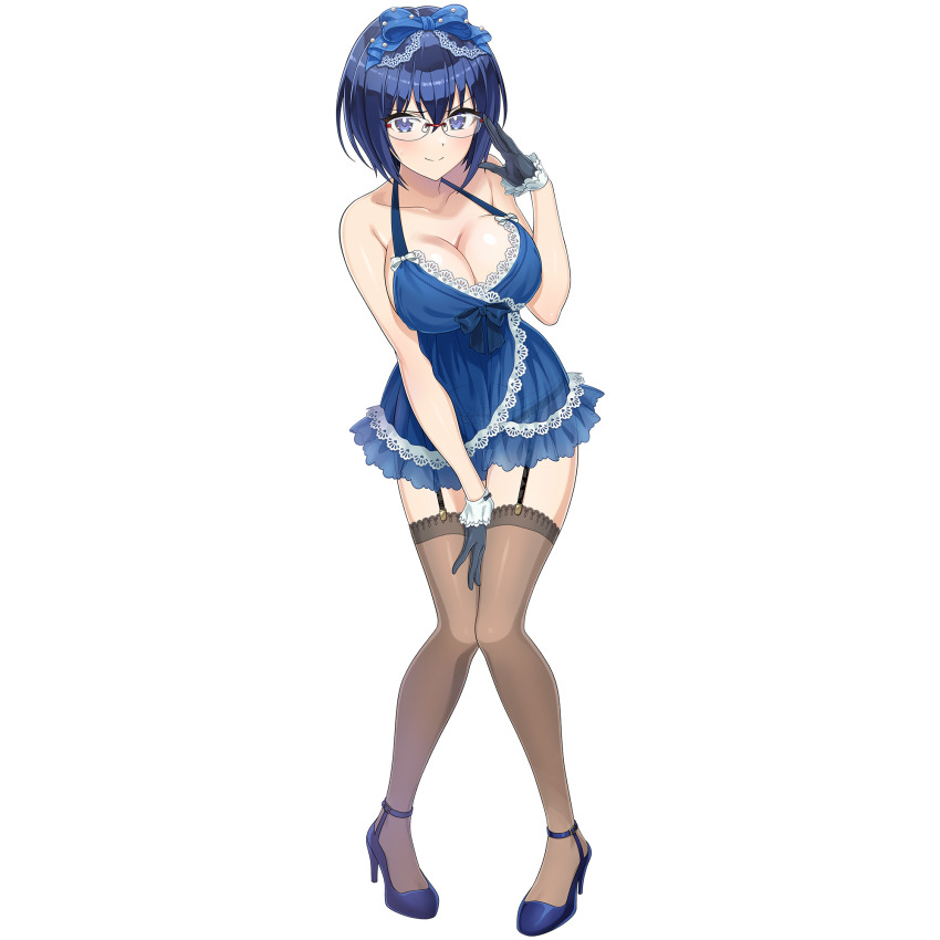 adjusting_eyewear babydoll black_thighhighs blue_babydoll blue_bow blue_eyes blue_gloves blue_hair blush bow breasts closed_mouth dolphin_wave don_quijote_(store) frilled_gloves frills game_cg garter_belt glasses gloves hair_bow hand_between_thighs high_heels highres large_breasts leaning_forward lingerie looking_at_viewer non-web_source official_art ootomo_takuji seductive_smile short_hair sleepwear smile thighhighs tojou_michiru transparent_background underwear