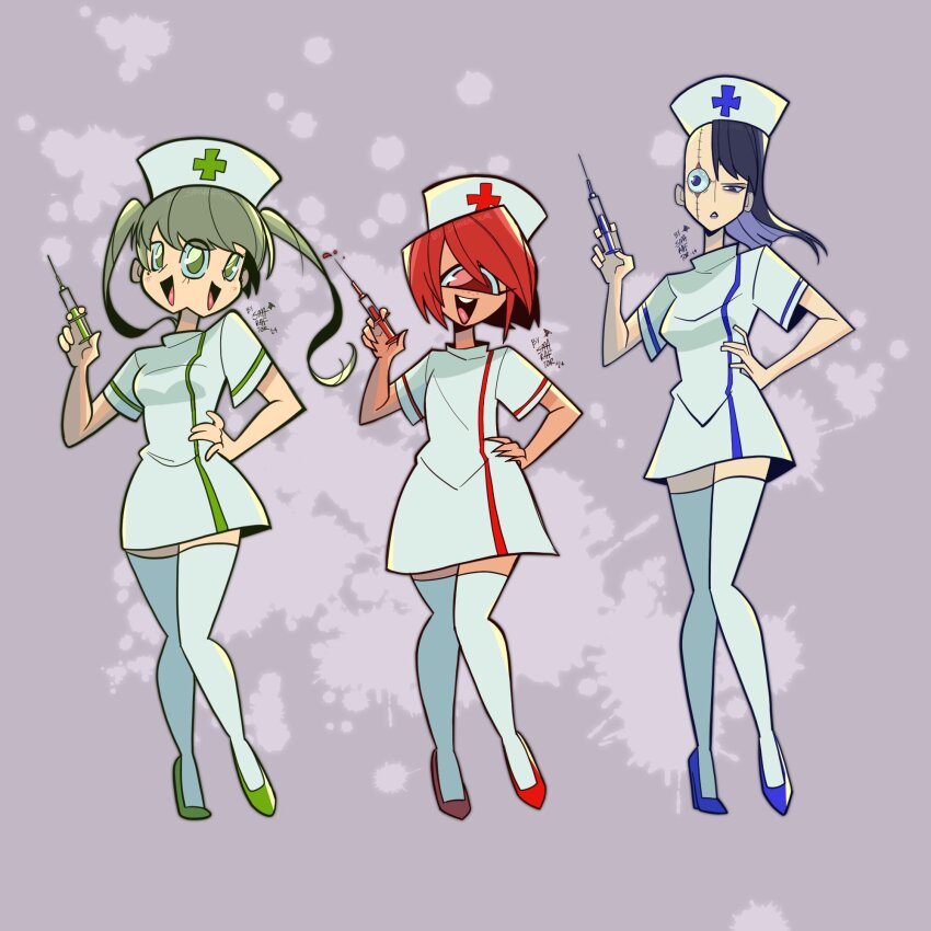 2024 asymmetrical_hair blue_eyes blue_footwear blue_hair commentary cyclops english_commentary extra_eyes green_eyes green_footwear green_hair grey_background hand_on_own_hip hat highres holding holding_syringe ichigou_(ikigusare) ikigusare long_hair multiple_faces multiple_girls extra_mouth nigou_(ikigusare) nurse nurse_cap one-eyed red_eyes red_footwear red_hair samraftor sangou_(ikigusare) short_hair sidecut signature smile stitched_face stitches syringe teeth thighhighs twintails undercut upper_teeth_only white_thighhighs