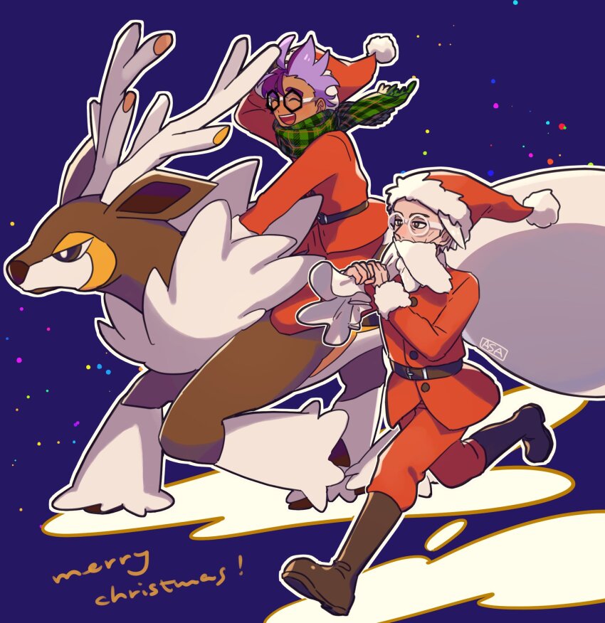 2boys :d alternate_costume beard belt black-framed_eyewear boots brown_belt brown_footwear buttons christmas clavell_(pokemon) closed_eyes facial_hair floating_scarf gen_5_pokemon glasses green_scarf grey_asa hat highres holding holding_sack jacket jacq_(pokemon) long_sleeves male_focus merry_christmas multiple_boys nintendo open_mouth pants pokemon pokemon_(creature) pokemon_sv purple_hair red_headwear red_jacket red_pants riding riding_pokemon round_eyewear sack santa_hat sawsbuck sawsbuck_(winter) scarf smile teeth tongue upper_teeth_only white-framed_eyewear