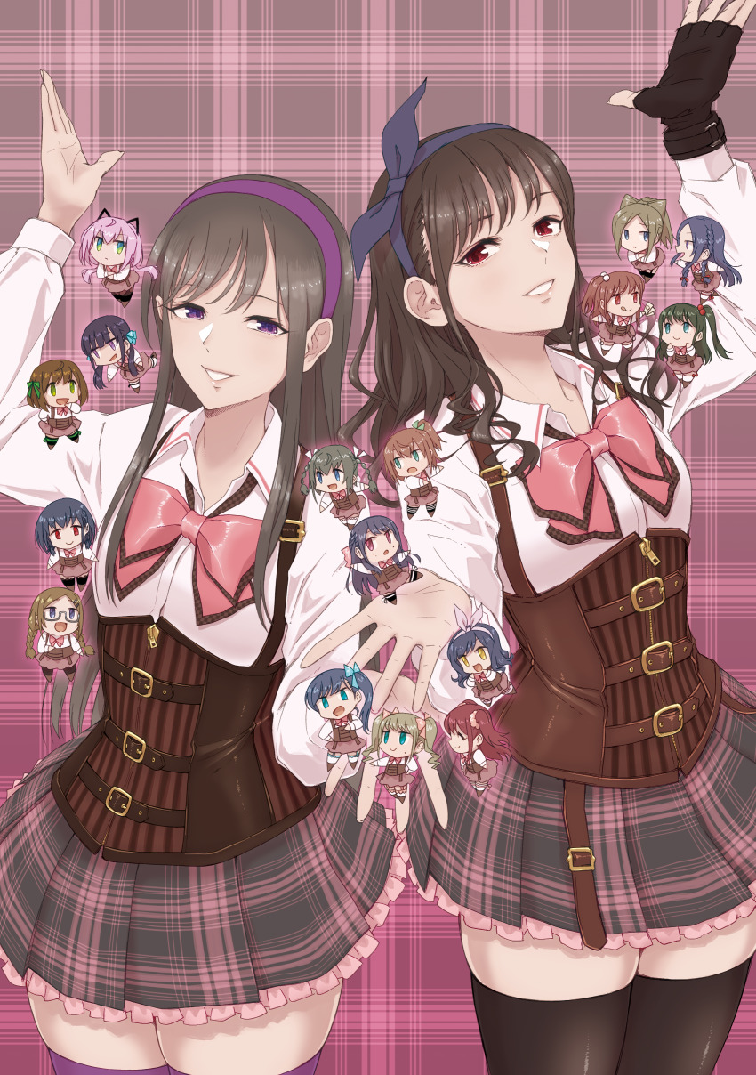 6+girls :&lt; :d :q ^_^ absurdres amamiya_sophia_seren animal_ears aqua_eyes arm_up assault_lily banknote belt belt_buckle black_gloves black_hair black_legwear black_ribbon blue_bow blue_eyes blue_hairband blue_ribbon blunt_bangs bow bow_hairband bowtie braid brown_belt brown_footwear brown_hair brown_legwear brown_skirt buckle cat_ears chibi closed_eyes closed_mouth collared_shirt commentary_request cone_hair_bun corset cowboy_shot crossed_arms dated_commentary eye_contact fake_animal_ears fingerless_gloves floating frilled_skirt frills fukuyama_jeanne_sachie garter_straps glasses gloves gradient_background green_eyes green_hair green_ribbon grey-framed_eyewear grin hair_behind_ear hair_bobbles hair_bow hair_bun hair_ornament hair_ribbon hair_scrunchie hairband hairclip half_updo hanaoka_angela_moe hand_on_own_chest hand_on_own_hip hand_to_own_mouth hand_up hands_up haneda_katarina_mei hasegawa_gabriella_tsugumi highres holding holding_money houjou_monica_asahi ichinomiya_michaela_himari kishimoto_lucia_raimu kishimoto_maria_mirai kuroki_francisca_yuria leg_ribbon leg_up light_brown_hair long_hair long_sleeves looking_at_another looking_at_viewer looking_down looking_to_the_side looking_up low_twintails mabuta_kayumi matsunaga_brigitta_kayo mini_person minigirl miniskirt mole mole_under_eye mole_under_mouth money multiple_belts multiple_girls nagase_marta_nonoka narumi_clara_yuuko one_side_up open_hands open_mouth outstretched_arms outstretched_hand pantyhose parted_bangs parted_lips pink_background pink_bow pink_bowtie pink_eyes pink_hair pink_hairband pink_ribbon pink_scrunchie pink_skirt plaid_background plaid_clothes plaid_skirt ponytail profile purple_eyes purple_hairband purple_legwear red_eyes red_ribbon ribbon saeki_julia_karen sano_matilda_kokoro school_uniform scrunchie semi-rimless_eyewear seto_veronica_ichika shirt shoes short_hair siblings side-by-side side_braids side_ponytail sidelocks sisters skirt smile standing striped_legwear suspenders tachibana_theresia_nagisa thighhighs toda_eulalia_kotohi tongue tongue_out twin_braids twintails under-rim_eyewear underbust white_legwear white_ribbon white_shirt yellow_eyes zettai_ryouiki zipper_pull_tab