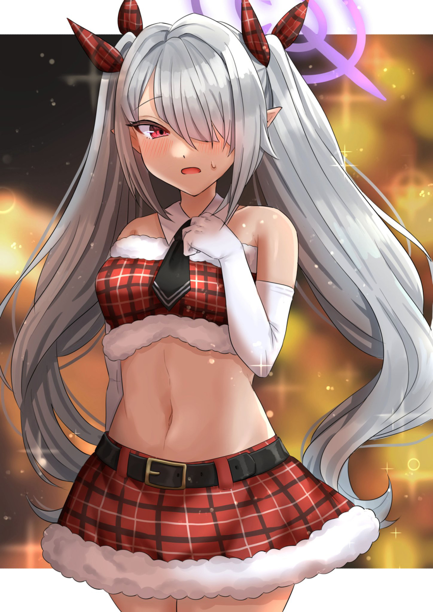 1girl alternate_costume bare_shoulders belt black_belt black_necktie blue_archive breasts commentary_request cowboy_shot detached_collar elbow_gloves fur-trimmed_skirt fur_trim gloves hair_over_one_eye hair_ribbon hand_up highres iori_(blue_archive) long_hair looking_at_viewer ma0rock medium_breasts midriff miniskirt navel necktie open_mouth plaid_clothes plaid_ribbon plaid_skirt pointy_ears red_eyes red_ribbon red_skirt ribbon silver_hair skirt skirt_set solo standing stomach strapless sweat tube_top twintails very_long_hair white_gloves