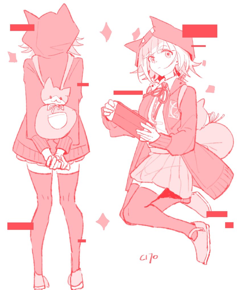 1girl arms_behind_back backpack bag cha_c170 collared_shirt danganronpa_(series) danganronpa_2:_goodbye_despair dress_shirt flipped_hair from_behind handheld_game_console highres holding holding_handheld_game_console hood hood_up jacket long_sleeves medium_hair miniskirt multiple_views nanami_chiaki neck_ribbon nintendo_switch open_clothes open_jacket own_hands_together pleated_skirt ribbon shirt shoes skirt standing thighhighs