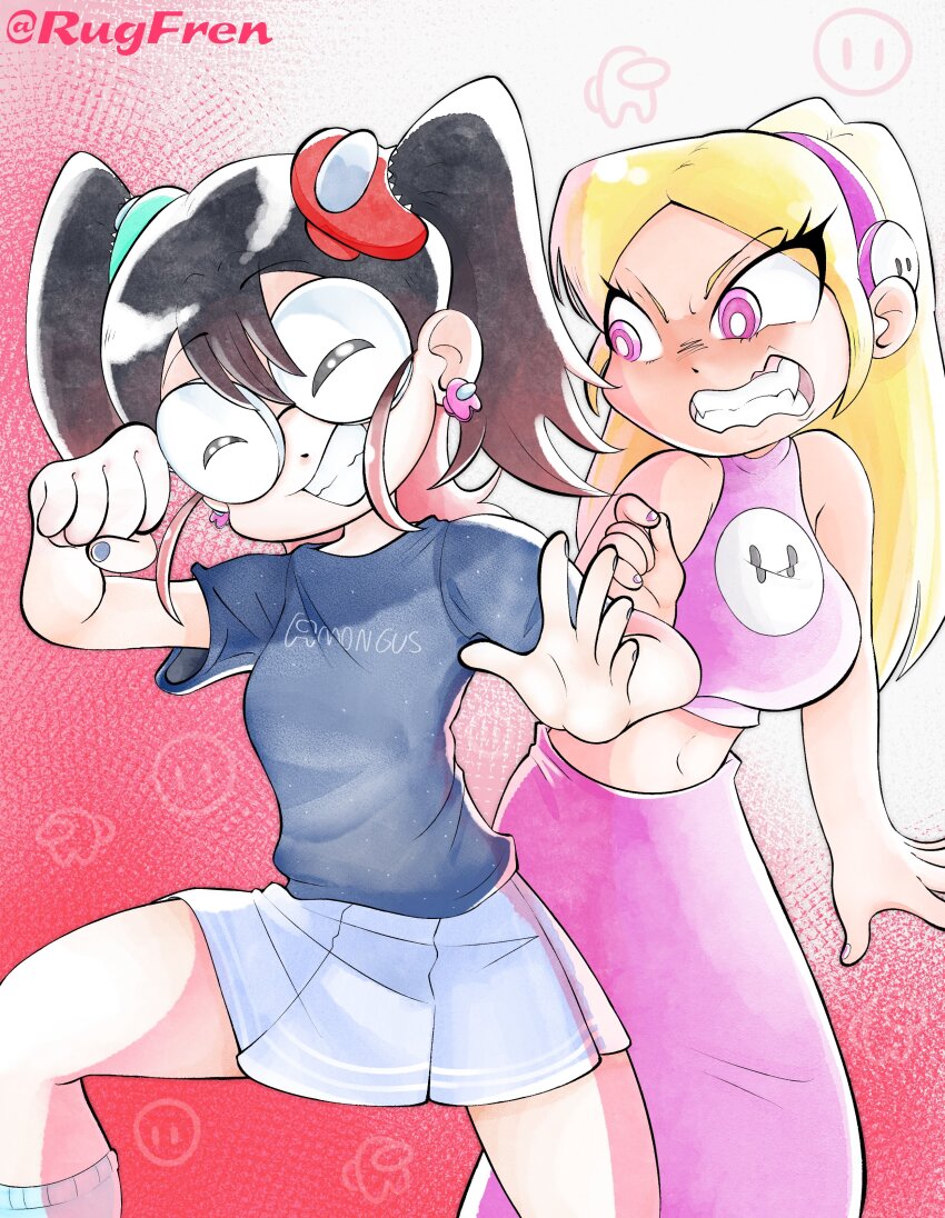 2girls absurdres amogus_girl among_us angry black_hair black_nails black_shirt blonde_hair character_ear_piercing character_hair_ornament closed_eyes clothes_writing crewmate_(among_us) crop_top fall_guys gradient_background hair_ornament highres impostor_(among_us) long_hair long_skirt midriff miniskirt multiple_girls nail_polish navel original pink_eyes pink_nails pink_skirt red_background rugfren shirt skirt sleeveless sleeveless_turtleneck socks teeth turtleneck twintails twitter_username white_background white_skirt white_socks