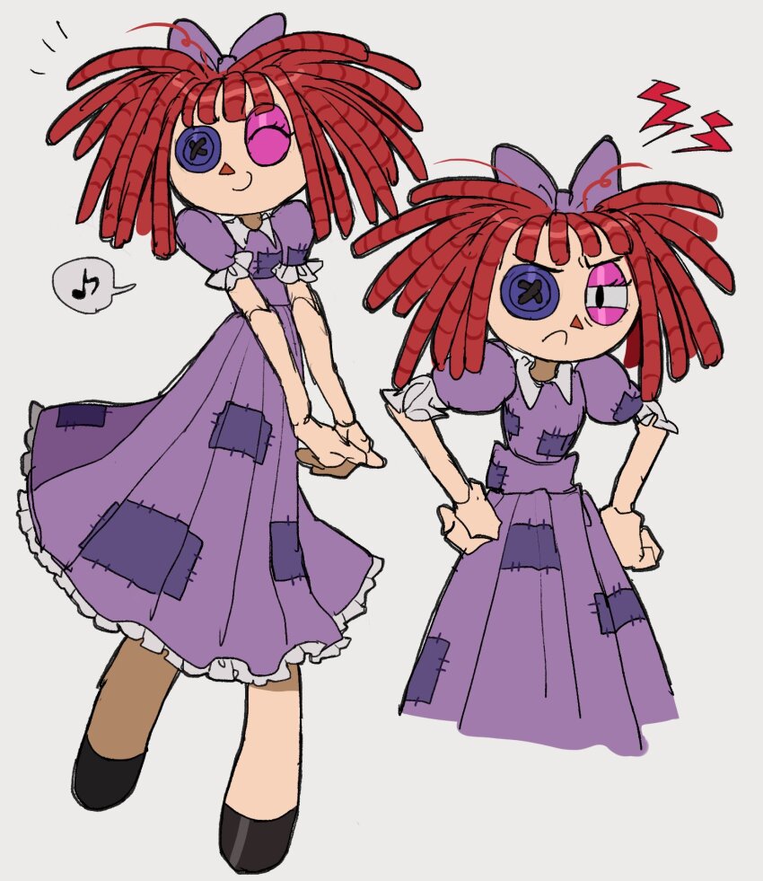 1girl ^_^ black_eyes black_footwear bow closed_eyes closed_mouth collared_dress commentary cropped_torso dress english_commentary frilled_dress frilled_sleeves frills frown full_body grey_background hair_bow hands_on_own_hips highres jwnn medium_hair multiple_views musical_note own_hands_together puffy_short_sleeves puffy_sleeves purple_bow purple_dress ragatha_(the_amazing_digital_circus) red_hair short_sleeves simple_background smile spoken_musical_note the_amazing_digital_circus triangle_nose v-shaped_eyebrows