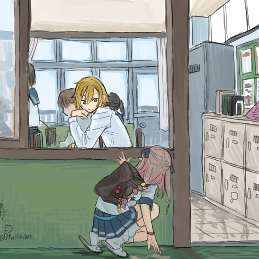 2boys 3girls absurdres bag bag_charm belt blonde_hair blue_skirt brown_hair charm_(object) classroom desk green_eyes hair_ribbon highres indoors koze_niire long_hair long_sleeves looking_at_another loose_socks makaino_ririmu multiple_boys multiple_girls nijisanji pink_hair pleated_skirt ribbon school_bag school_desk school_uniform shoes short_hair shoulder_bag sitting skirt socks squatting two_side_up uwabaki uzuki_kou white_socks