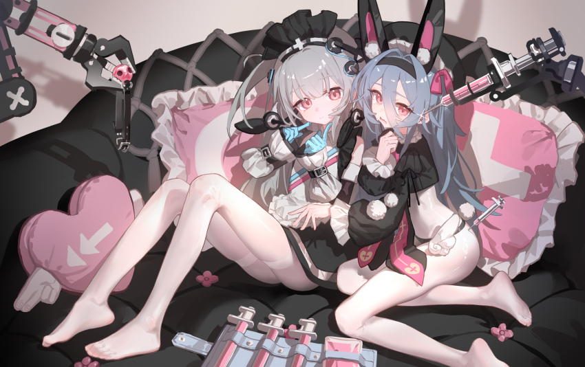 2girls absurdres animal_ear_fluff animal_ears ball_gag black_skirt blue_gloves blue_hair chinese_commentary closed_mouth commentary_request frilled_pillow frills gag gloves grey_hair highres kele_mimi long_hair long_sleeves multiple_girls no_shoes open_mouth original pantyhose pillow pink_eyes rabbit_ears sitting skirt syringe thighband_pantyhose white_pantyhose