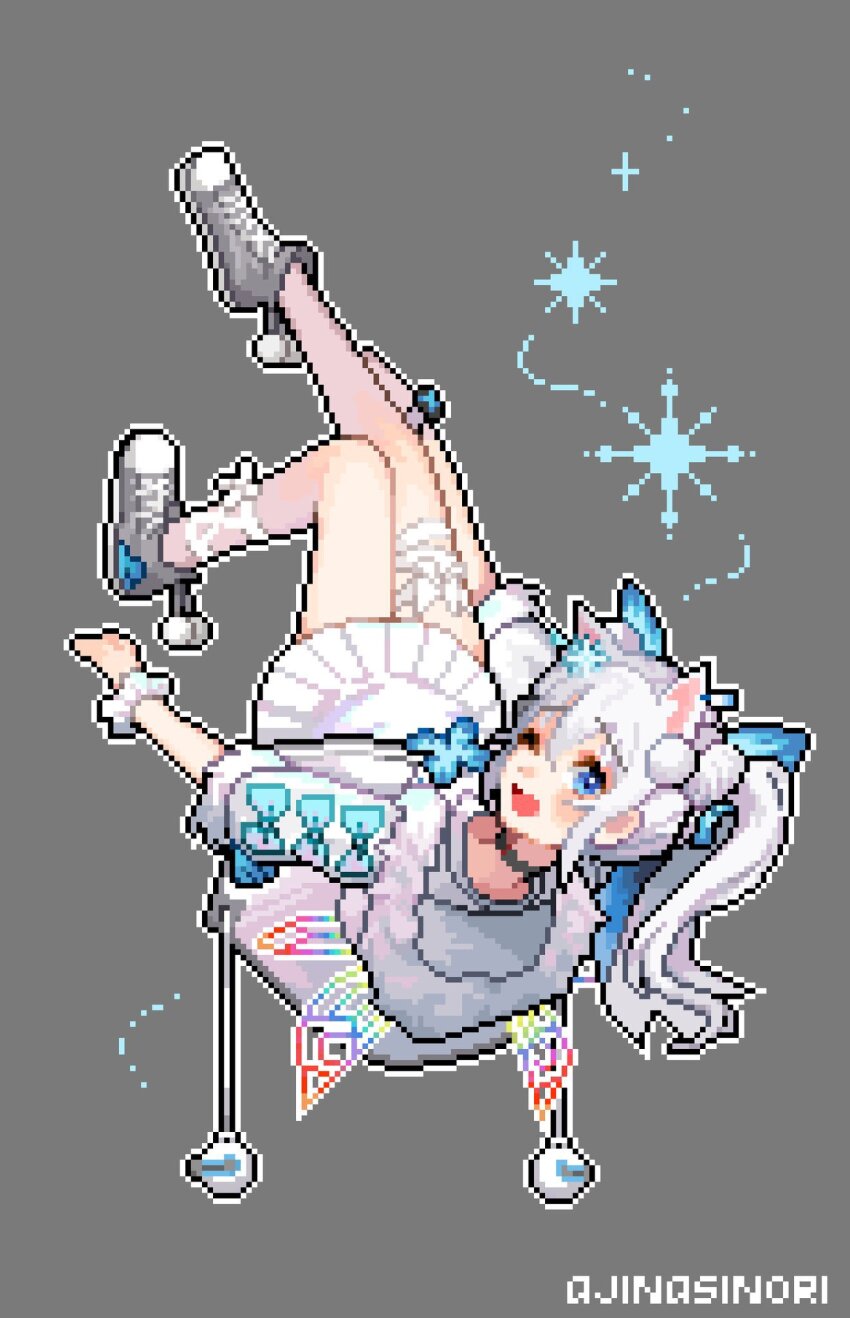 1girl :d ajinashi animal_ear_fluff animal_ears artist_name black_choker blue_eyes blue_nails blush butterfly_hair_ornament child choker double_bun fake_animal_ears full_body fur-trimmed_jacket fur-trimmed_sleeves fur_trim goddess_of_victory:_nikke hair_between_eyes hair_bun hair_ornament highres hood hooded_jacket jacket looking_at_viewer n102_(miracle_fairy)_(nikke) n102_(nikke) nail_polish official_alternate_costume one_eye_closed open_mouth pixel_art pom_pom_(clothes) ribbon scrunchie shoes short_sleeves short_twintails skirt smile sneakers twintails white_footwear white_hair white_skirt wrist_scrunchie