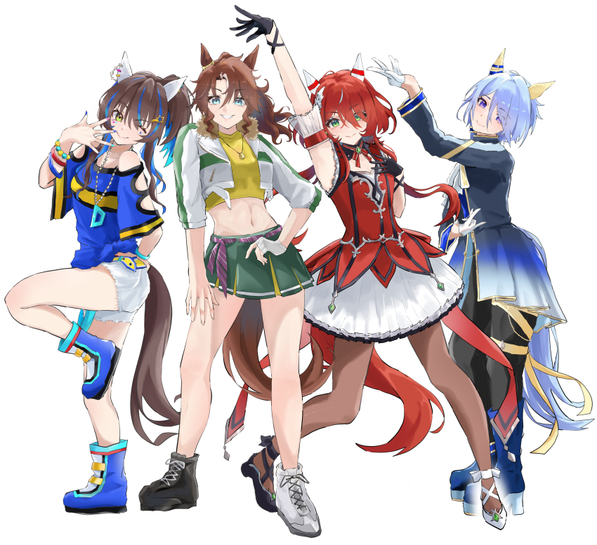 4girls ;) absurdres animal_ears armpits asymmetrical_footwear bead_bracelet beads belt black_shoes blue_boots blue_eyes blue_hair blue_jacket blue_shirt boots bow bracelet breasts brown_hair closed_mouth collarbone colored_inner_hair commentary commentary_request crop_top cropped_jacket daitaku_helios_(umamusume) ear_covers ear_ornament ear_piercing facial_tattoo fang fingerless_gloves fingernails from_side full_body fur-trimmed_jacket fur_trim gloves green_eyes green_skirt grin hair_between_eyes hair_ornament hairclip highres horse_ears horse_girl horse_tail jacket jewelry k.s.miracle_(umamusume) long_hair long_sleeves looking_at_viewer low_twintails medium_breasts medium_hair mejiro_palmer_(umamusume) mismatched_footwear multicolored_hair multiple_girls navel necklace one_eye_closed pants pantyhose piercing pink_belt pleated_skirt ponytail purple_eyes shirt shoes short_hair shorts simple_background single_fingerless_glove single_glove sitting skirt sleeveless smile sneakers standing stomach streaked_hair striped_clothes striped_shirt tachi-e tail tattoo tor1goe twintails umamusume w white_background white_bow white_gloves white_jacket white_shoes white_shorts win_variation_(umamusume) yellow_eyes yellow_shirt