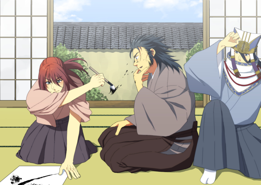 black_hair brown_hair calligraphy_brush hakama ink ink_splatter ishida_mitsunari japanese_clothes kimono kneeling male_focus otani_yoshitsugu paintbrush paper sengoku_musou shima_sakon