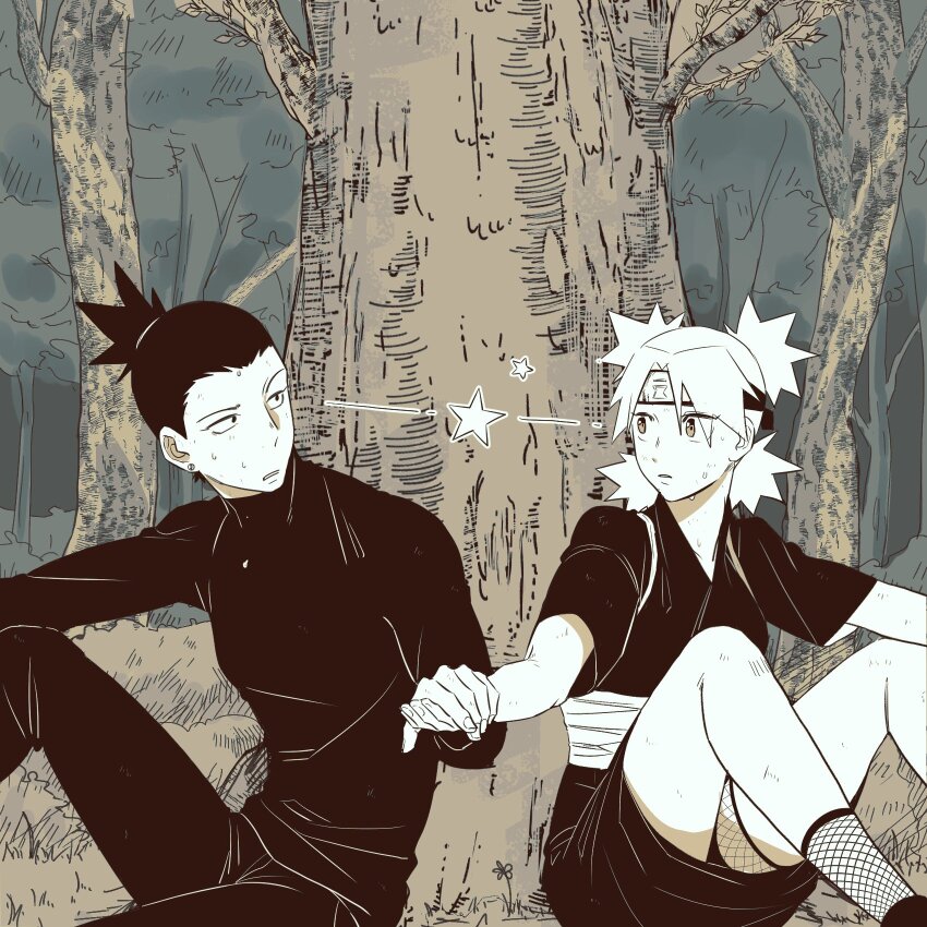1boy 1girl arm_rest arm_up bottle confused couple ear_piercing elbow_rest fingerless_gloves fishnets from_side gloves hair_up hand_up headband high_ponytail highres holding holding_hands japanese_clothes knee_up knees_up konohagakure_symbol korean_commentary leaning_back long_sleeves looking_at_another looking_down looking_to_the_side monochrome nara_shikamaru naruto_(series) naruto_shippuuden ninja outdoors pants parted_lips piercing ponytail quad_tails short_sleeves sitting sna9_104 sunagakure_symbol sweat temari_(naruto) thighs tree wide-eyed