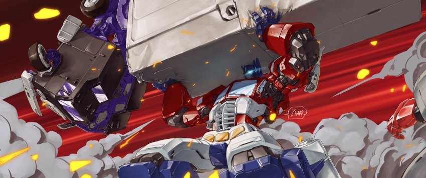 artist_name autobot blue_eyes box_truck commentary decepticon english_commentary fighting glowing glowing_eye highres holding mecha mixed-language_commentary motor_vehicle motormaster no_humans optimus_prime robot science_fiction semi_truck smoke transformers truck yinghawk
