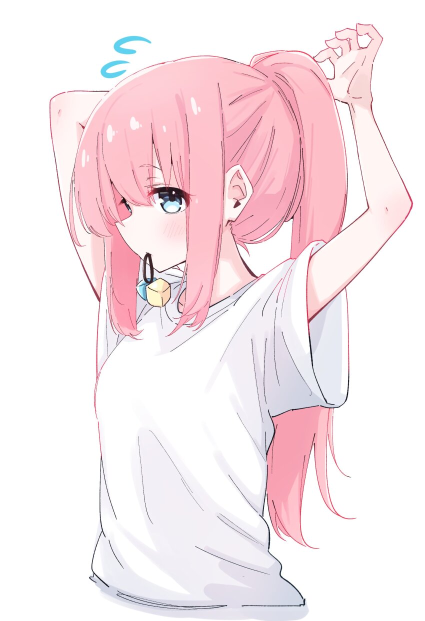 1girl absurdres arm_up arms_up artist_request blue_eyes bocchi_the_rock! cube_hair_ornament female_focus gotoh_hitori hair_ornament highres looking_at_viewer looking_to_the_side object_in_mouth pink_hair shirt simple_background solo t-shirt tying_hair unworn_hair_ornament upper_body white_background white_shirt