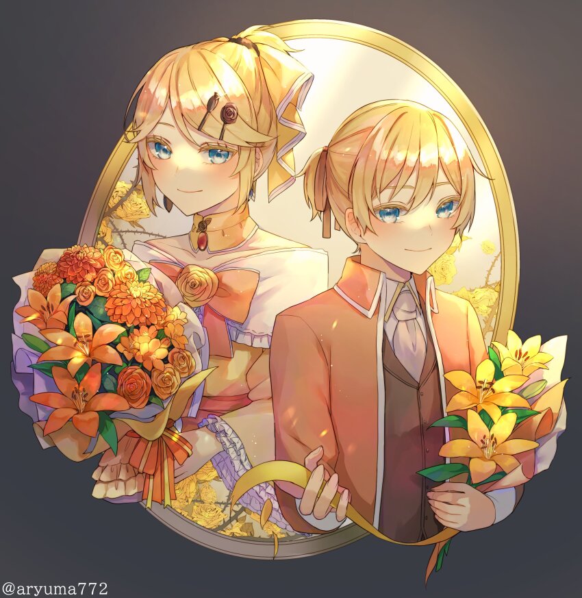 1boy 1girl absurdres aku_no_meshitsukai_(vocaloid) aku_no_musume_(vocaloid) allen_avadonia aryuma772 ascot bare_shoulders blazer blonde_hair blue_eyes bouquet bow brooch brother_and_sister brown_background choker collared_jacket collared_shirt colored_eyelashes dress dress_bow earrings evillious_nendaiki flower four_mirrors_of_lucifenia frilled_dress frilled_sleeves frills gem hair_bow hair_ornament hairclip high_ponytail highres holding holding_bouquet jacket jewelry kagamine_len kagamine_rin lily_(flower) looking_at_viewer mirror off-shoulder_dress off_shoulder orange_bow orange_jacket picture_frame ponytail red_gemstone riliane_lucifen_d&#039;autriche rose shirt siblings sidelocks sideways_glance smile swept_bangs thorns twins updo vessel_of_sin vocaloid white_ascot wide_sleeves yellow_bow yellow_choker yellow_dress yellow_flower yellow_rose