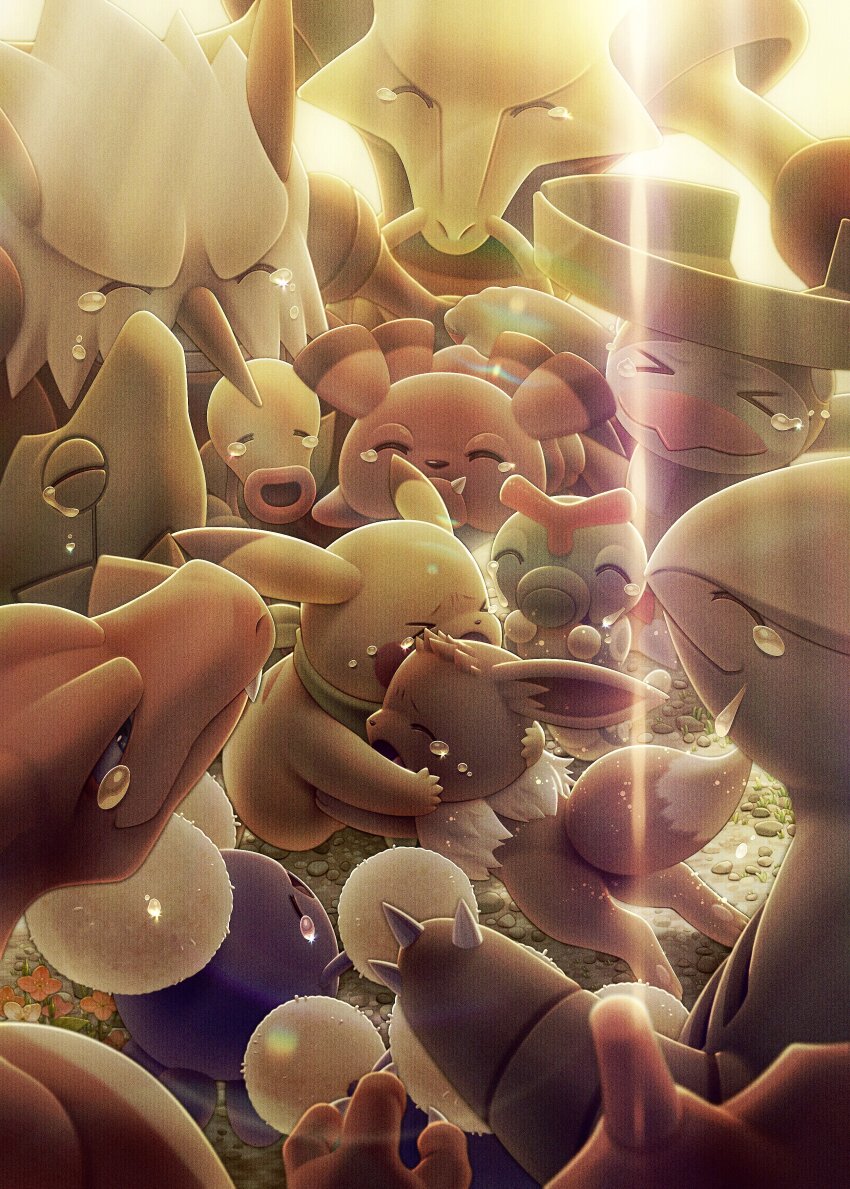 absurdres alakazam bellsprout caterpie charizard claws closed_eyes closed_mouth day eevee fang fang_out flower gen_1_pokemon gen_2_pokemon gen_3_pokemon happy happy_tears highres hug jumpluff komepan lombre metapod nintendo no_humans open_mouth outdoors pikachu pokemon pokemon_(creature) pokemon_focus pokemon_mystery_dungeon pokemon_mystery_dungeon:_rescue_team_dx shiftry smile snubbull tearing_up tears tyranitar