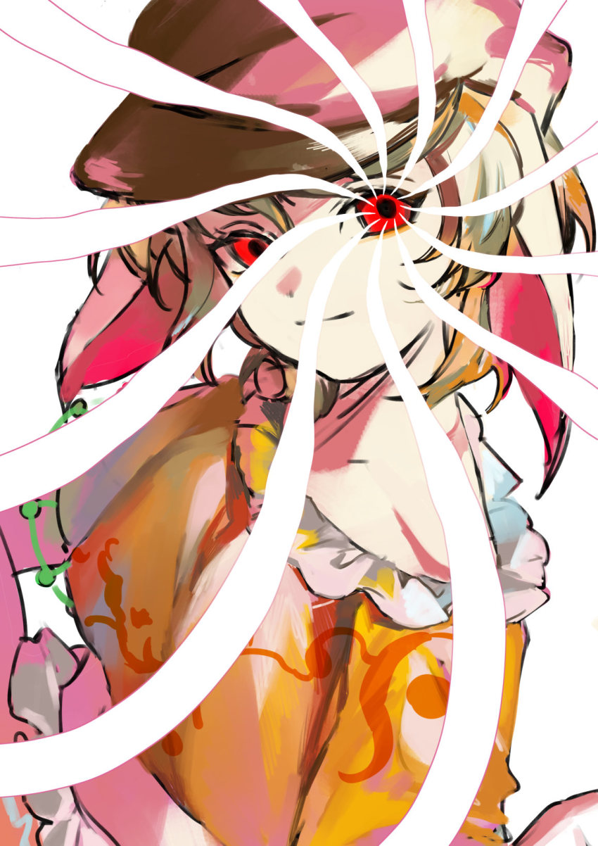 1girl ama_asagi animal_ears blonde_hair brown_headwear newsboy_cap closed_mouth commentary_request flat_cap floppy_ears frilled_shirt frilled_shorts frills hat highres looking_at_viewer midriff navel one-hour_drawing_challenge orange_shirt rabbit_ears rabbit_girl red_eyes ringo_(touhou) shirt short_hair short_sleeves shorts simple_background striped_clothes striped_shorts touhou white_background yellow_shorts