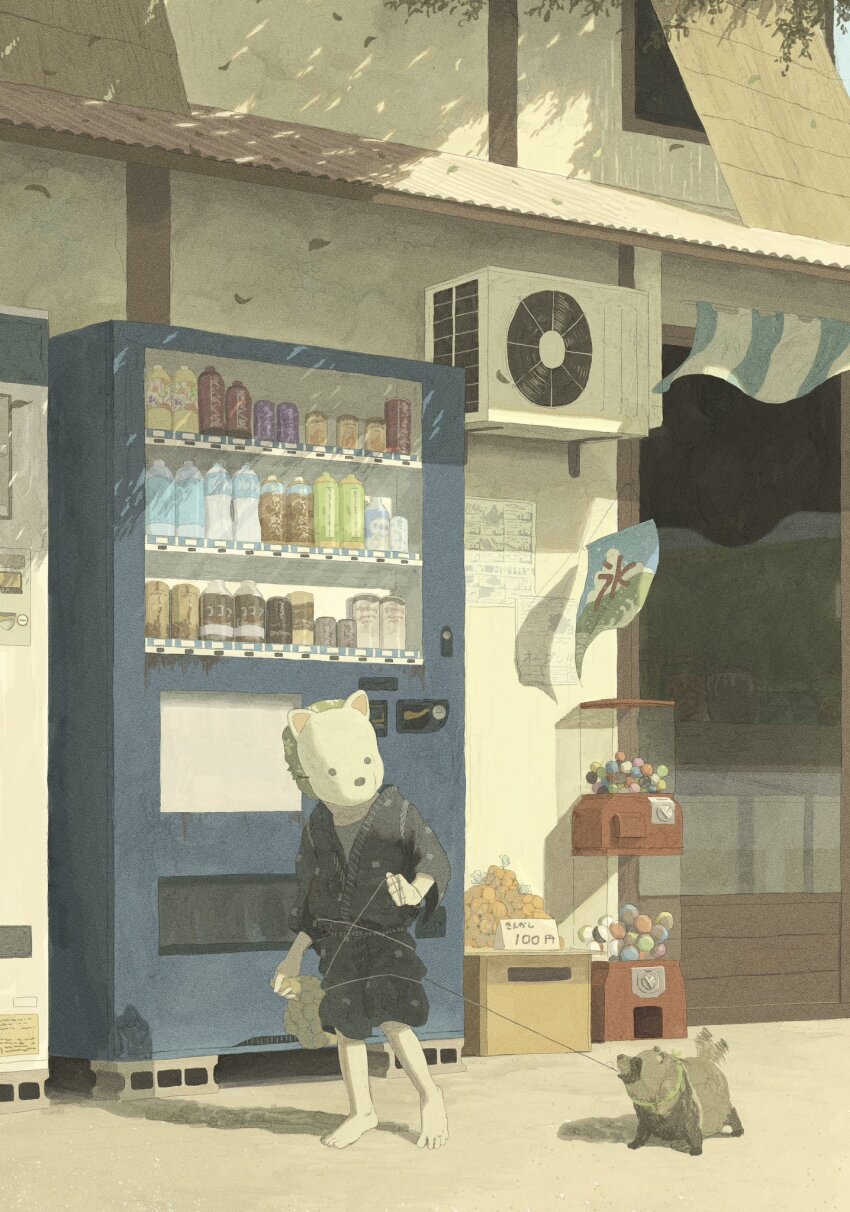 1boy air_conditioner animal barefoot bottle can child dappled_sunlight day dog_mask drink drink_can entangled gashapon highres hokkamuri japanese_clothes kusamie mask original outdoors pet_walking shadow shop shorts standing sunlight tanuki vending_machine