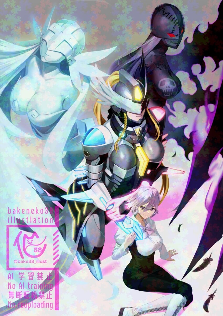 angel angel_girl angewomon armor covered_eyes demon demon_girl digimon digimon_(creature) digimon_story:_cyber_sleuth digimon_story:_cyber_sleuth_hacker&#039;s_memory digimon_world_re:digitize fallen_angel fusion glasses head_wings highres ladydevimon long_hair mask mastemon mikagura_mirei purple_eyes purple_hair ribbon short_hair wings