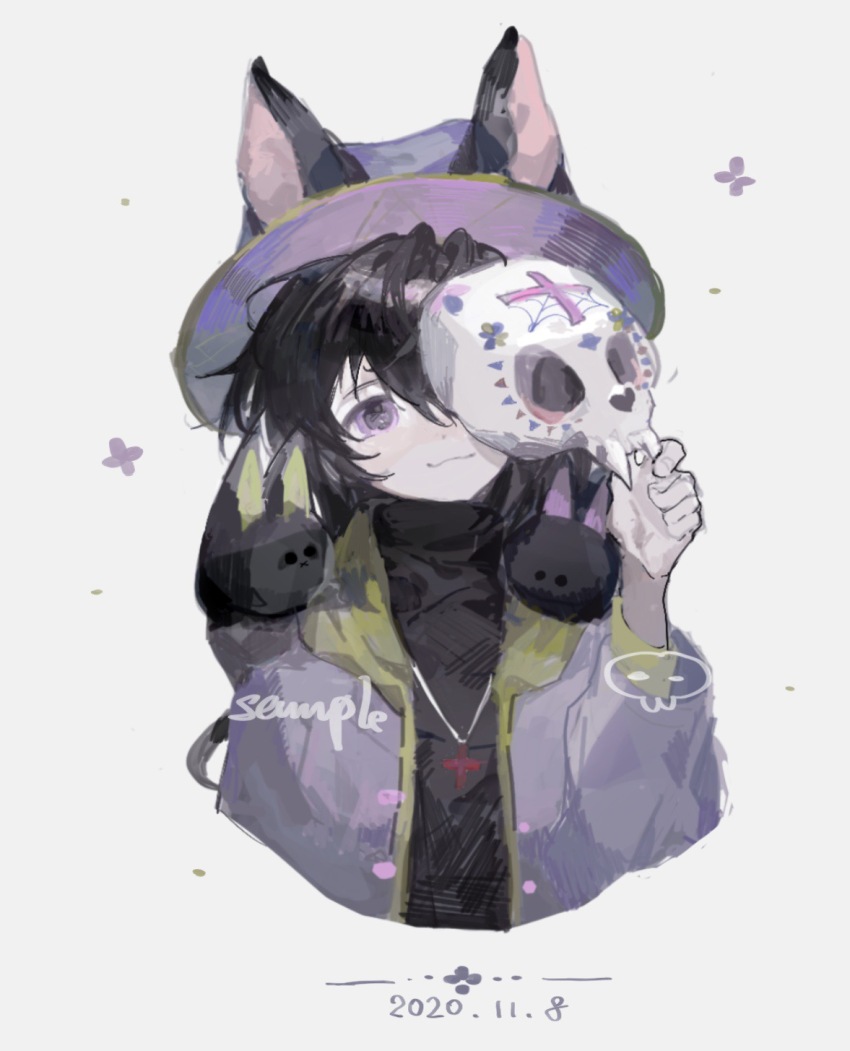 :3 animal_ears black_hair black_sweater chinese_commentary closed_mouth commentary_request commission cropped_torso cross cross_necklace dated ears_through_headwear grey_background hat highres holding holding_mask hood hood_down hooded_jacket jacket jewelry long_hair long_sleeves mask necklace open_clothes open_jacket original pink_eyes purple_hat purple_jacket sample_watermark simple_background smile sweater turtleneck turtleneck_sweater vihua6 watermark wolf_ears wolf_girl