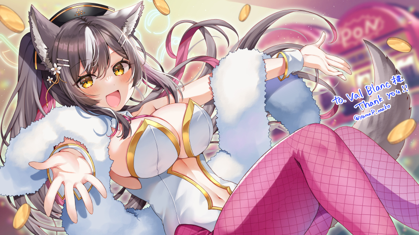 1girl absurdres animal_ear_fluff animal_ears blush breasts brown_hair casino chisaka_airi cleavage coin colored_inner_hair commentary_request commission commissioner_name detached_collar fishnet_pantyhose fishnets flower hair_between_eyes hair_flower hair_ornament hairclip highres indoors large_breasts leotard long_hair looking_at_viewer multicolored_hair navel necktie open_mouth outstretched_arms pantyhose phase_connect pink_hair pink_necktie pink_pantyhose skeb_commission solo streaked_hair tail thank_you twitter_username virtual_youtuber white_hair white_leotard wolf_ears wolf_girl wolf_tail wrist_cuffs yam_(yamap_mako) yellow_eyes