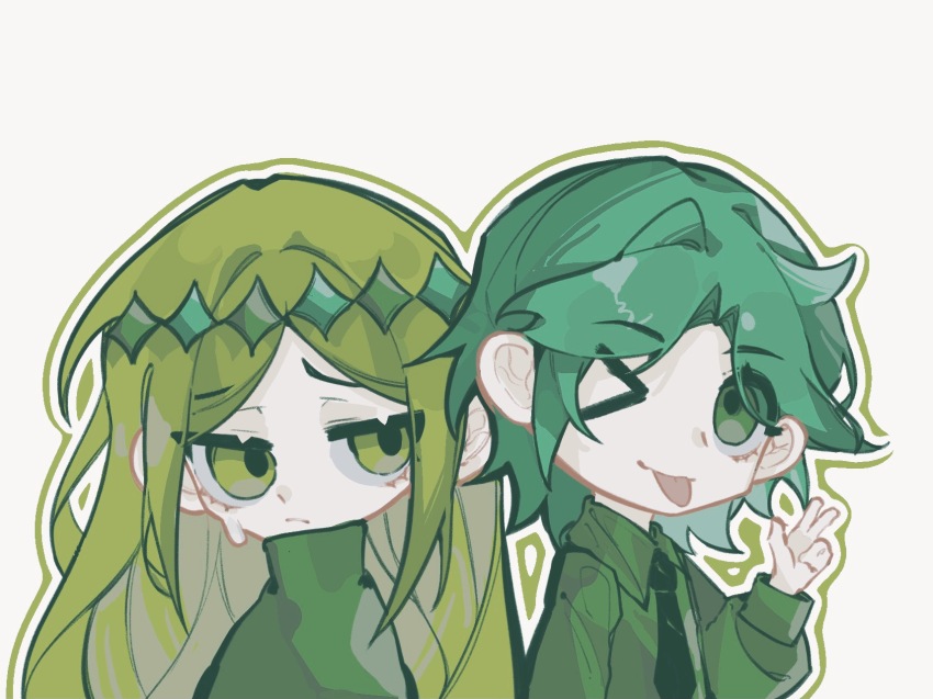 &gt;_o 16personalities 2girls black_necktie campaigner_(16personalities) circlet closed_mouth collared_shirt green_eyes green_hair green_shirt green_sweater highres long_hair looking_at_viewer mediator_(16personalities) multiple_girls necktie one_eye_closed shirt sidelocks smile sparkle_hair_ornament sweater tongue tongue_out turtleneck turtleneck_sweater upper_body very_long_hair xuxi239756