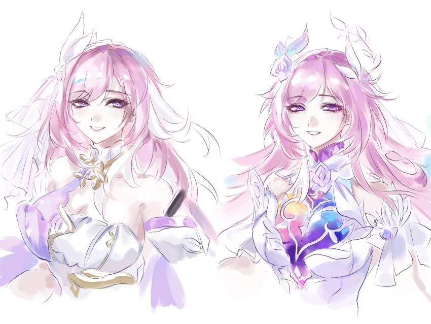 2girls aqua_hair bare_shoulders breasts chinese_commentary commentary_request company_connection cyrene_(honkai:_star_rail) diamond-shaped_pupils diamond_(shape) dress elysia_(herrscher_of_human:_ego)_(honkai_impact) elysia_(honkai_impact) flower hair_flower hair_ornament heartlessx highres honkai:_star_rail honkai_(series) honkai_impact_3rd inoue_marina large_breasts long_hair looking_at_viewer multicolored_hair multiple_girls pink_hair purple_eyes simple_background smile symbol-shaped_pupils triquetra two-tone_hair upper_body very_long_hair voice_actor_connection white_background white_dress white_hair yanning