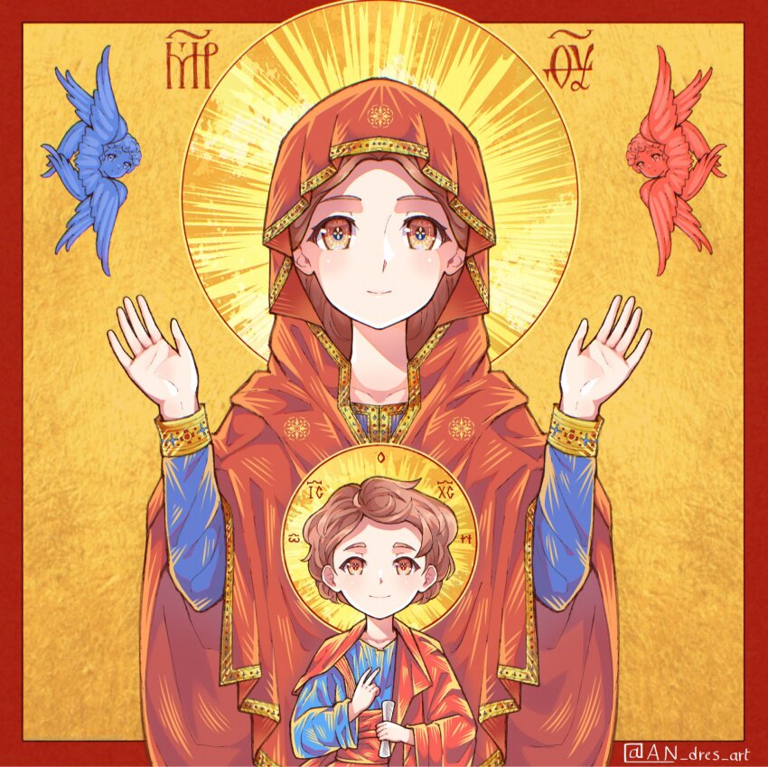 1boy 1girl an_dres_art brown_eyes brown_hair cherub christianity closed_mouth highres hood icon_(religion) jesus looking_at_viewer mantle smile the_bible upper_body virgin_mary