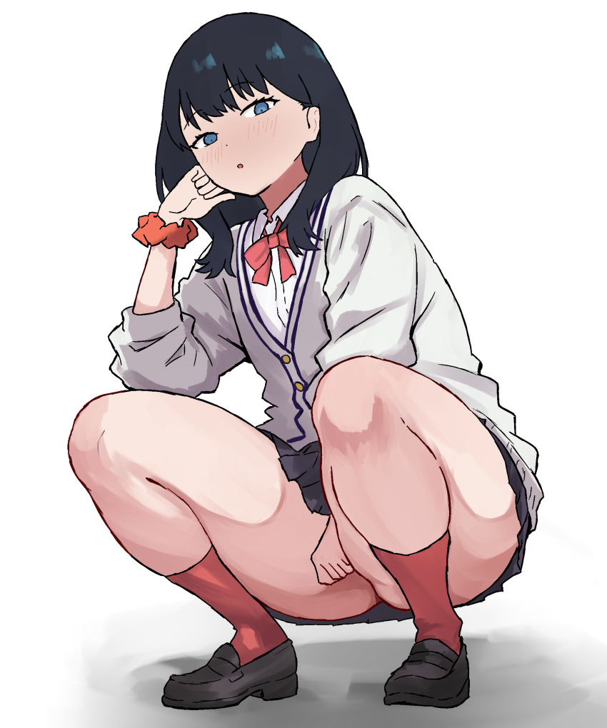 absurdres ass between_legs black_hair blue_eyes blush cardigan collared_shirt commentary_request gridman_universe hand_between_legs highres loafers long_hair long_sleeves looking_at_viewer no_panties open_mouth peace_peace009 pleated_skirt red_socks school_uniform scrunchie shadow shirt shoes sidelocks simple_background skirt socks ssss.gridman takarada_rikka thick_thighs thighs white_background white_cardigan white_shirt wrist_scrunchie
