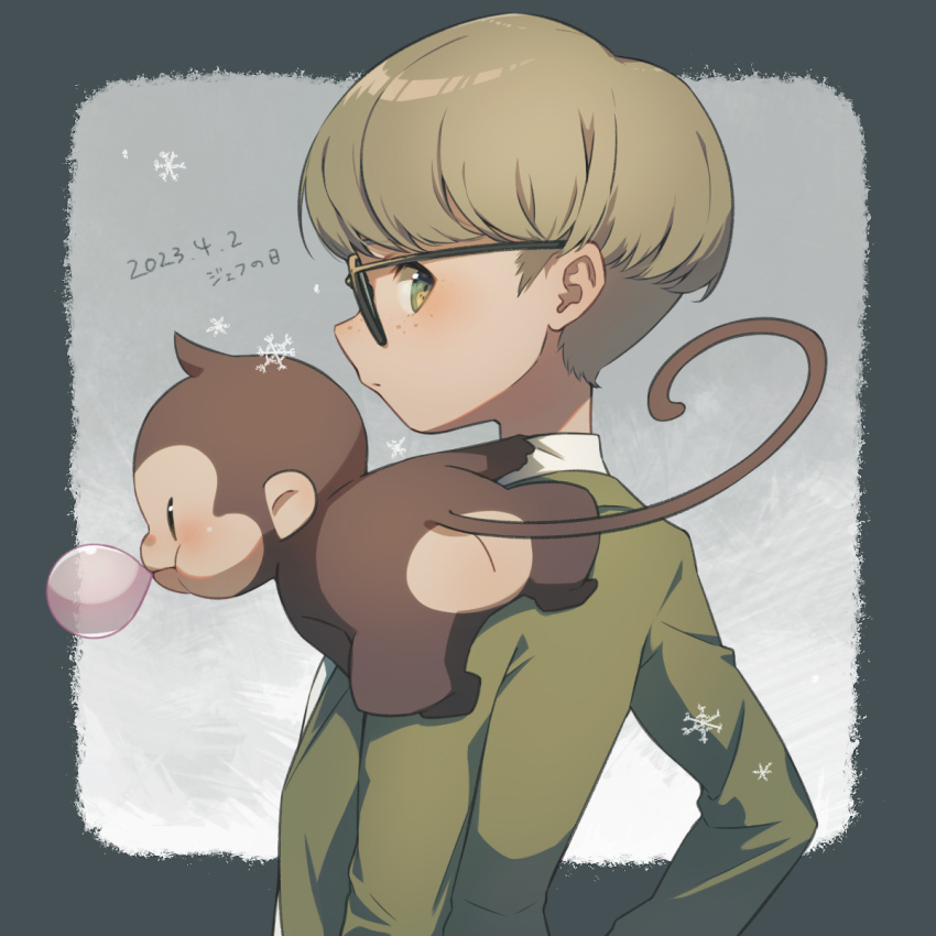 1boy animal animal_on_shoulder blowing_bubble_gum blowing_bubbles border bowl_cut brown_hair bubble_monkey chewing_gum closed_mouth dated freckles from_behind green_eyes green_jacket grey_border highres jacket jeff_andonuts long_sleeves looking_back male_focus monkey mother_(series) mother_2 nintendo shifumame snowflakes upper_body