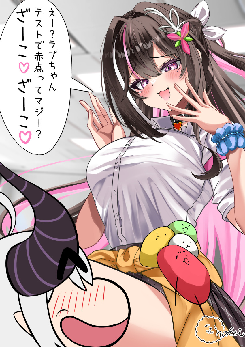 2girls absurdres ahoge azki_(hololive) black_hair bow closed_eyes demon_girl demon_horns hair_bow highres hololive horns inokeiwd la+_darknesss looking_at_another mole mole_under_eye multicolored_hair multiple_girls open_mouth pink_hair shirt smile streaked_hair virtual_youtuber white_bow white_hair white_shirt