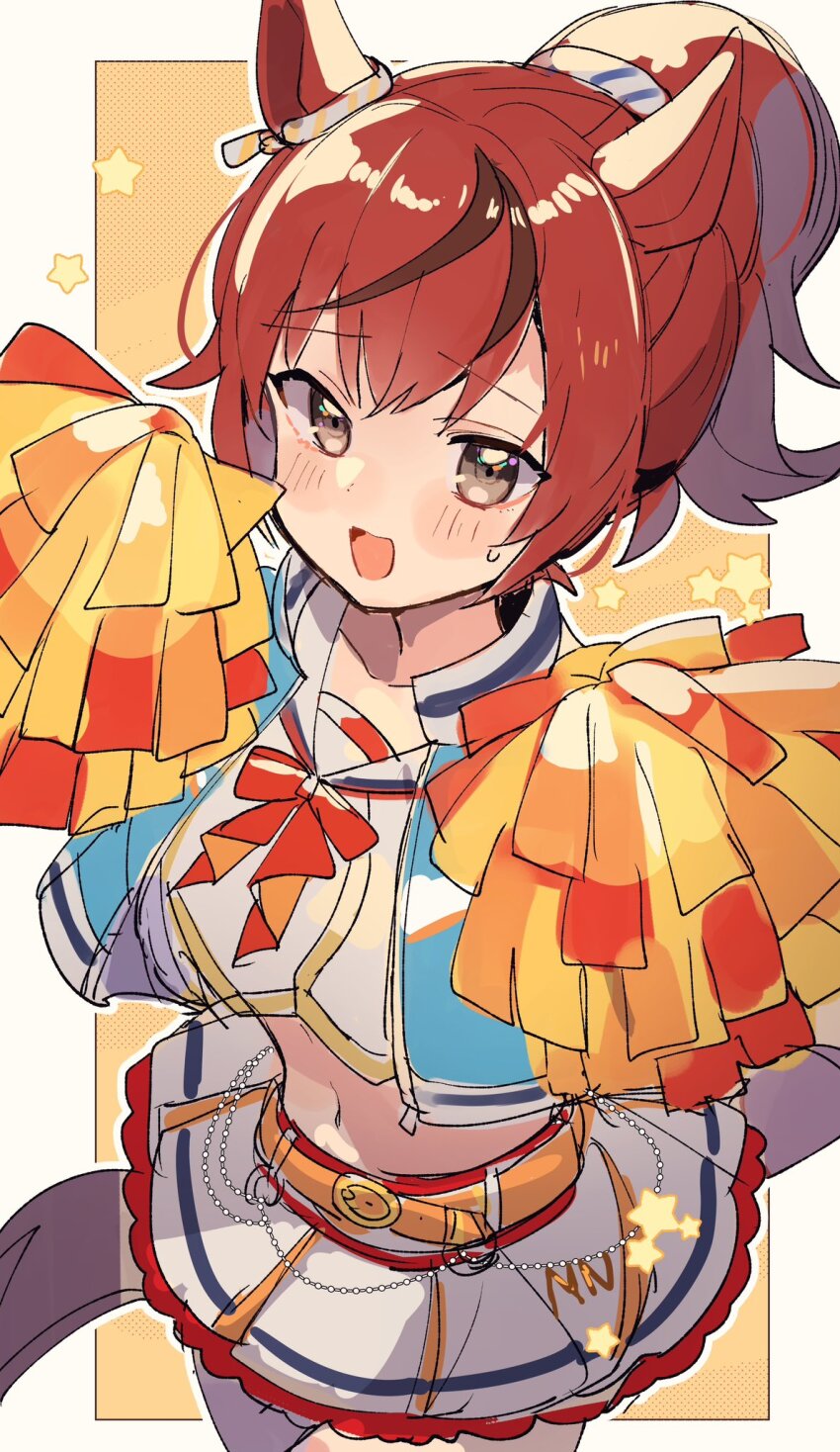 1girl animal_ears belt blue_jacket blush_stickers border brown_eyes cheerleader commentary cropped_jacket gradient_background highres horse_ears horse_girl horse_tail jacket long_sleeves looking_at_viewer medium_hair midriff multicolored_hair navel nice_nature_(run&amp;win)_(umamusume) nice_nature_(umamusume) official_alternate_costume official_alternate_hairstyle open_clothes open_jacket open_mouth pleated_skirt ponytail red_hair sailor_collar shirano_akihiro shirt skirt sleeveless sleeveless_shirt smile solo star_(symbol) streaked_hair sweat tail umamusume white_border white_shirt white_skirt yellow_belt
