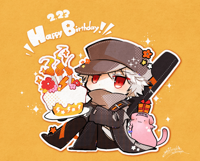 1boy animalization arknights black_jacket black_pants cake candle dated fingerless_gloves fire flower food gloves goldenglow_(arknights) grey_gloves happy_birthday highres holding holding_plate jacket long_sleeves male_focus oonohara_kenya open_clothes open_jacket orange_background pants parted_lips pink_flower plate red_(npc)_(arknights) red_flower shirt signature white_shirt