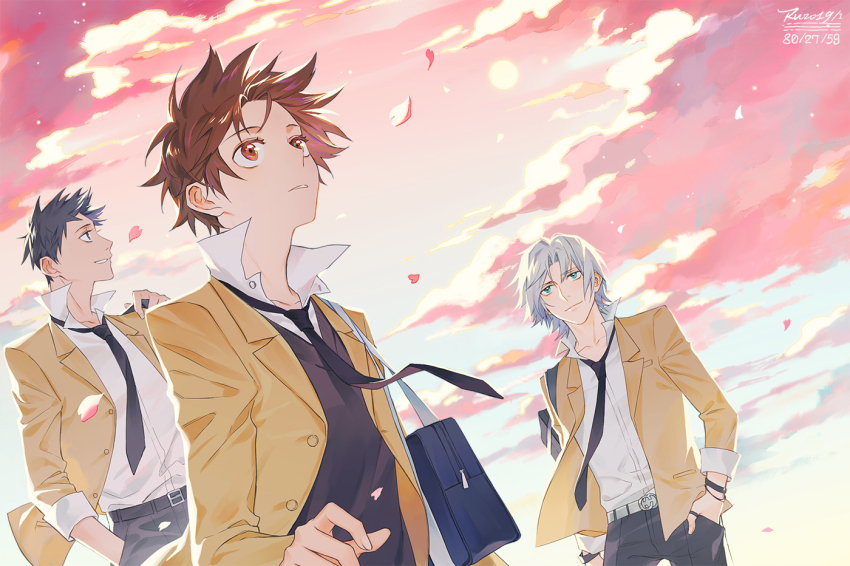 3boys artist_name bag belt black_hair black_necktie blazer blue_eyes brown_eyes brown_hair cloud dated gokudera_hayato green_eyes hand_in_pocket hands_in_pockets jacket katekyo_hitman_reborn! male_focus multiple_boys necktie outdoors pants petals ru_(famia) sawada_tsunayoshi school_bag school_uniform shirt short_hair signature sky smile sunset white_hair yamamoto_takeshi yellow_jacket