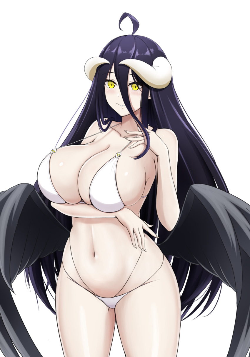 1girl ahoge albedo_(overlord) arm_under_breasts bikini black_hair blush breasts cleavage cowboy_shot hair_between_eyes highres horns large_breasts long_hair looking_at_viewer low_wings navel overlord_(maruyama) sideboob simple_background smile solo swimsuit thighs vik_(xypt7474) white_background wings yellow_eyes
