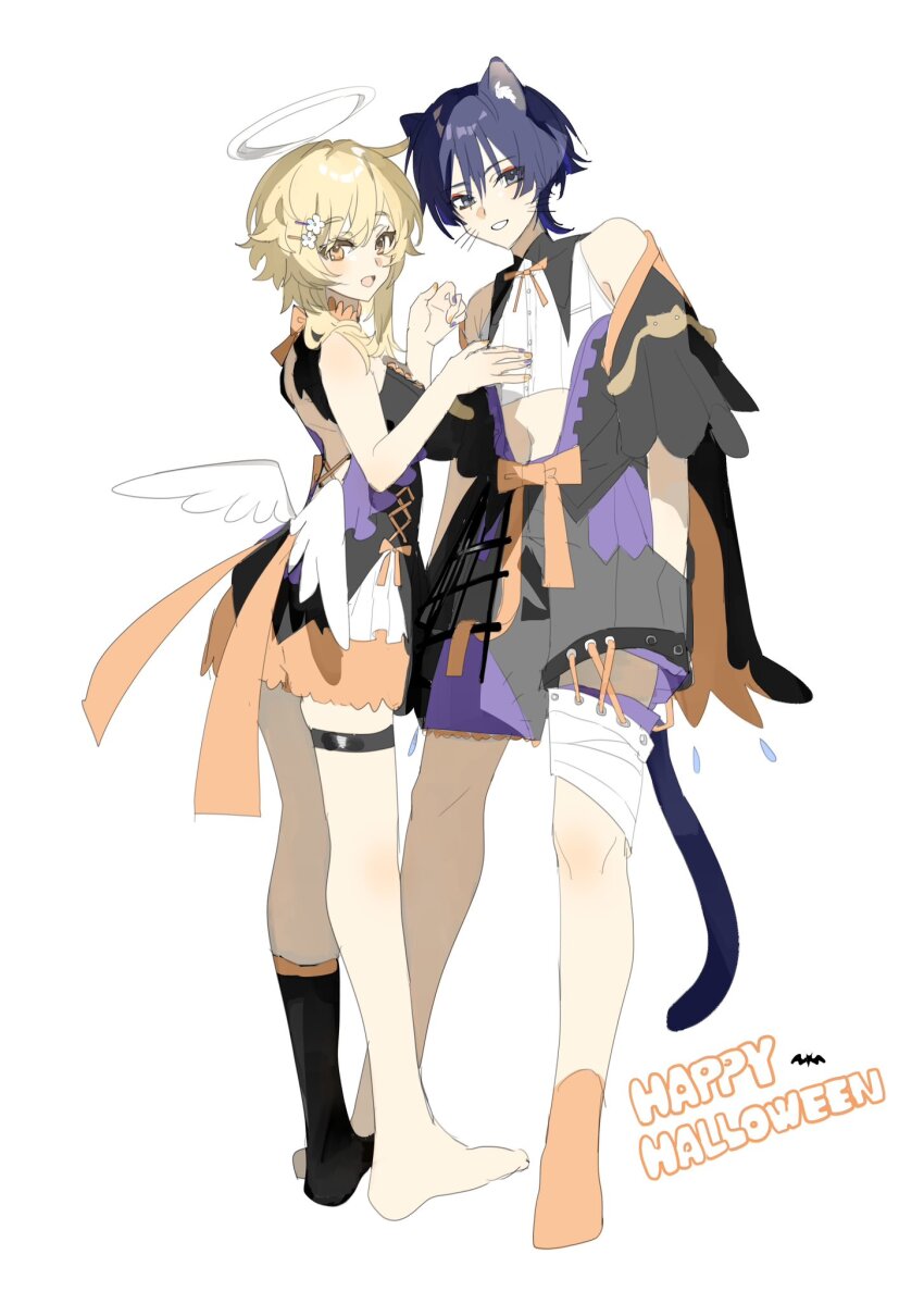 1boy 1girl alternate_costume animal_ears armpit_crease arms_at_sides back_cutout bandaged_leg bandages bat_(animal) black_cape black_collar black_dress black_eyes black_hair black_sleeves black_socks blonde_hair bloomers blunt_ends blush bow bowtie cape cat_ears cat_tail clothing_cutout collar cropped_shirt cross-laced_clothes cross-laced_dress cross-laced_shorts curled_fingers dress eyeliner eyeshadow feathered_wings floating_headgear flower frilled_shorts frills fringe_trim genshin_impact grey_pants guimpe hair_flower hair_ornament hairclip halloween halloween_costume halo hand_in_pocket hand_on_another&#039;s_chest happy_halloween highres looking_at_viewer low_wings lumine_(genshin_impact) makeup mamumamu115353 navel off_shoulder open_hand open_mouth orange_bloomers orange_bow orange_bowtie orange_cape orange_socks orange_trim pants red_eyeliner red_eyeshadow scaramouche_(genshin_impact) shirt short_hair short_hair_with_long_locks short_sleeves shorts sidelocks single_bare_foot single_sock sleeveless sleeveless_dress socks stitched_pants tail thigh_strap two-sided_cape two-sided_fabric underwear whiskers white_background white_halo white_mouth white_shirt white_wings wings yellow_bow yellow_eyes