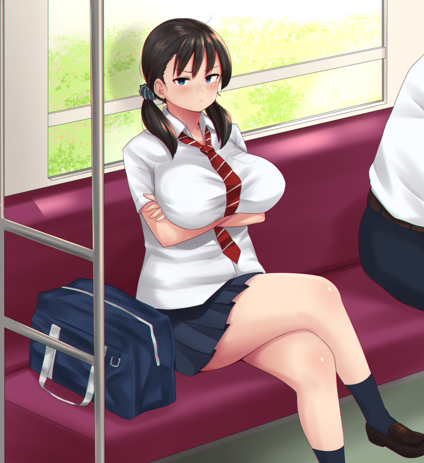 annoyed arms_under_breasts bag black_skirt black_socks blue_eyes blush breasts brown_hair closed_mouth collared_shirt crossed_arms crossed_legs freckles highres large_breasts legs looking_at_viewer medium_hair necktie oozon_(ozon) original pleated_skirt red_necktie school_bag school_uniform scrunchie shirt shoes short_twintails sitting skirt socks striped_necktie striped_neckwear train_interior twintails v-shaped_eyebrows white_shirt