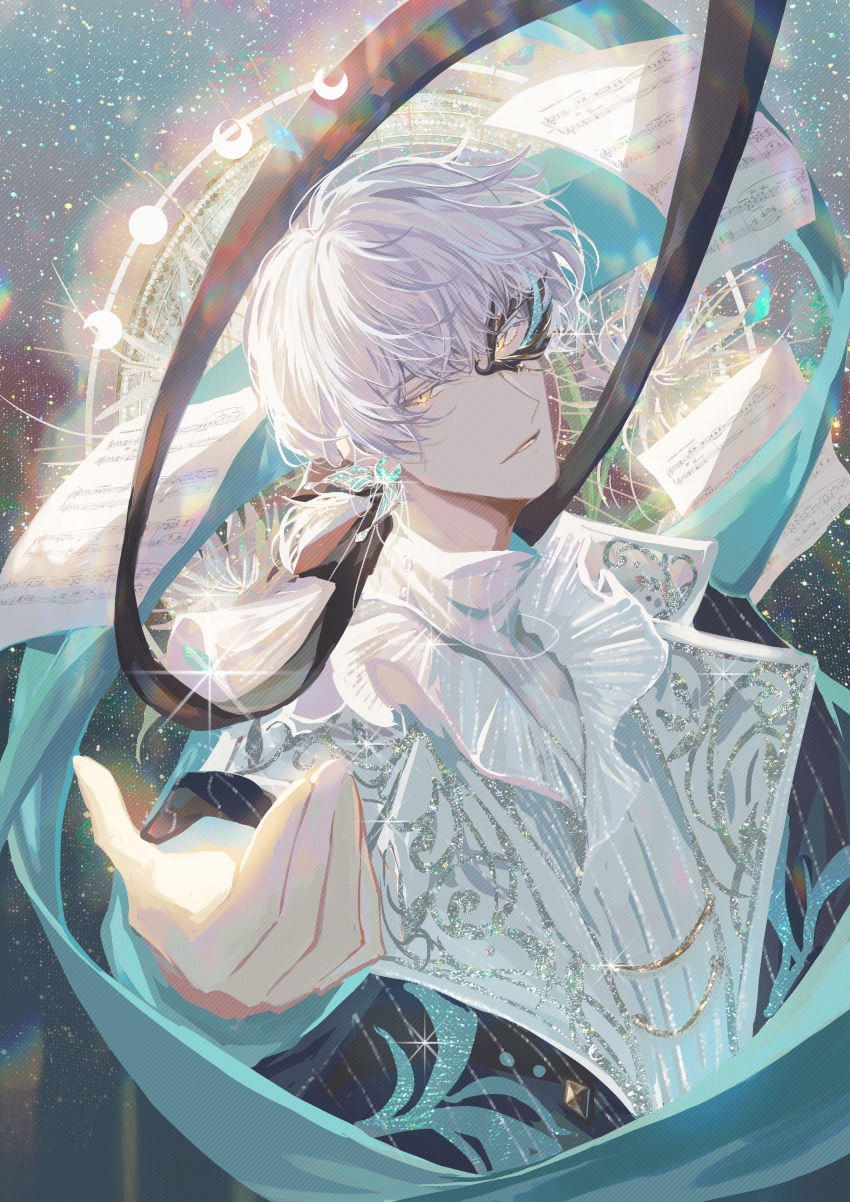 1boy absurdres aqua_gemstone aqua_ribbon aqua_vest beckoning black_jacket black_ribbon chinese_commentary crescent crescent_earrings domino_mask earrings epiphyllum flower gem hair_between_eyes hair_ribbon half_mask highres jacket jewelry lapels light_and_night_love long_sleeves looking_at_viewer low_ponytail male_focus mask medium_hair moon_phases notched_lapels parted_lips patterned_clothing ponytail qi_sili ribbon sheet_music shirt sideways_glance sky smile snow234 solo star_(sky) starry_sky turtleneck upper_body white_flower white_hair white_shirt wing_earrings yellow_eyes