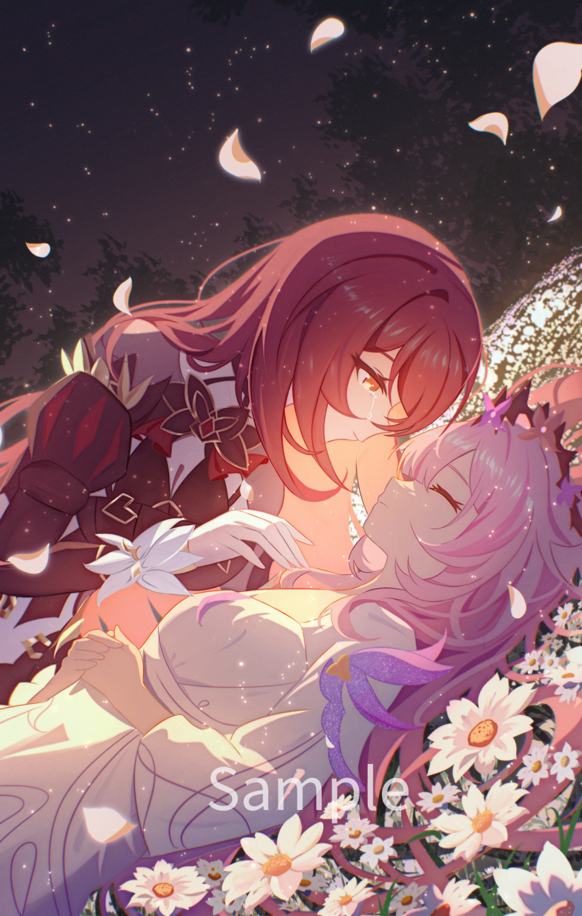 2girls breasts brown_dress brown_hair closed_eyes closed_mouth commentary crown_of_thorns crying crying_with_eyes_open dress eden_(honkai_impact) elysia_(honkai_impact) euzh266 field flower flower_field from_side highres honkai_(series) honkai_impact_3rd large_breasts long_hair long_sleeves looking_at_another lying multiple_girls on_back orange_eyes pink_hair reaching reaching_towards_another sample_watermark tears watermark white_dress