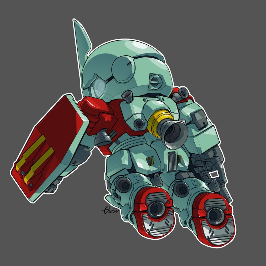beam_rifle chibi commentary energy_gun english_commentary from_behind full_body fusion gm_(mobile_suit) grey_background gun gundam highres holding holding_gun holding_weapon looking_at_viewer mecha mobile_suit mobile_suit_gundam no_humans robot science_fiction sd_gundam shield signature solo thrusters toilobo weapon zudah