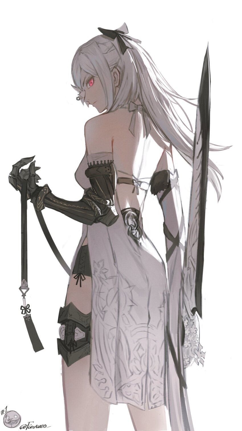 1girl absurdres back_cutout bare_shoulders black_bow black_shorts bow clothing_cutout drag-on_dragoon dress emil_(nier) forutaro hair_bow highres holding holding_sword holding_weapon long_hair looking_at_viewer looking_back median_furrow nier nier_(series) prosthesis prosthetic_arm red_eyes reverse_grip shorts side_slit sidelocks signature solo standing sword weapon white_dress white_hair zero_(drag-on_dragoon)