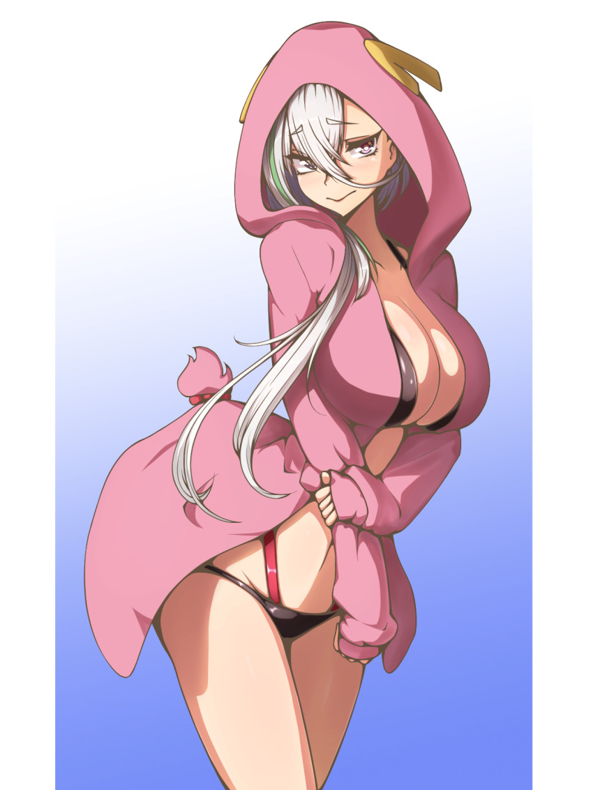 1girl artist_request blush border breasts closed_mouth collarbone fate/grand_order fate_(series) female_focus highres holding_own_arm hood hoodie huyan_zhuo_(fate) large_breasts long_hair looking_to_the_side multicolored_hair purple_eyes shiny_skin simple_background swimsuit thighs two-tone_hair white_border white_hair