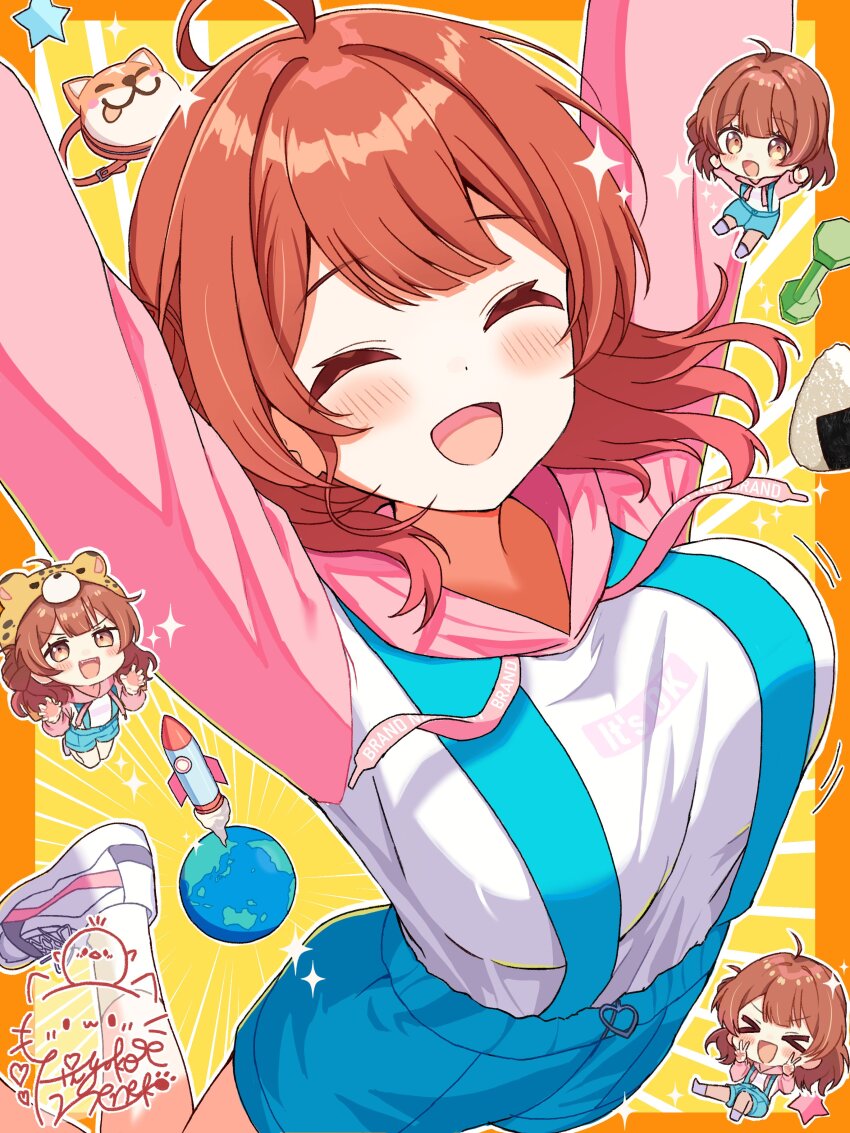 &gt;_&lt; 1girl :d ^_^ absurdres arms_up blue_shorts blush border breasts brown_eyes brown_hair chibi claw_pose closed_eyes commentary_request cowboy_shot double_v earth_(planet) food gakuen_idolmaster hanami_ume highres hiyoko_neneko idolmaster large_breasts multiple_views onigiri open_mouth orange_border outside_border outstretched_arms pink_sleeves planet rocket shirt shoes short_hair shorts smile socks suspender_shorts suspenders v white_shirt white_shoes white_socks xd yellow_background