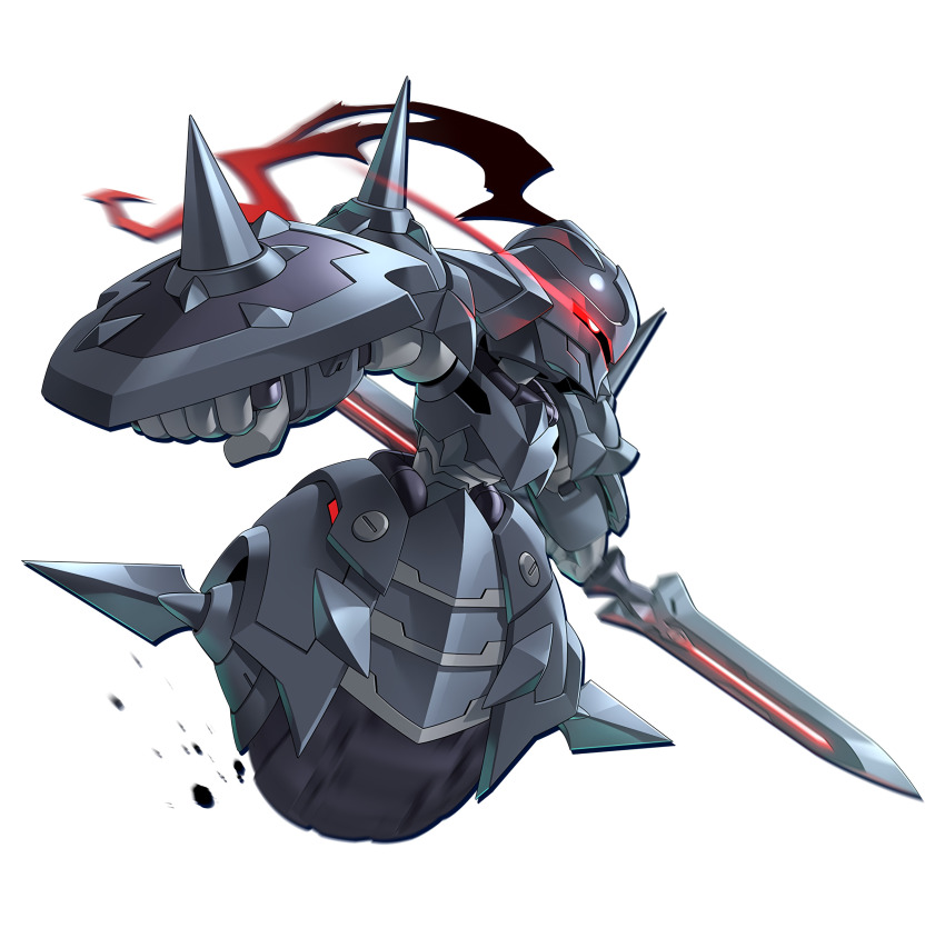 1boy absurdres armor black_armor double_blade full_body highres holding holding_shield holding_sword holding_weapon male_focus medarot official_art red_eyes robot shadow_armor_(medarot) shield shoulder_spikes simple_background solo spikes sword weapon wheel white_background