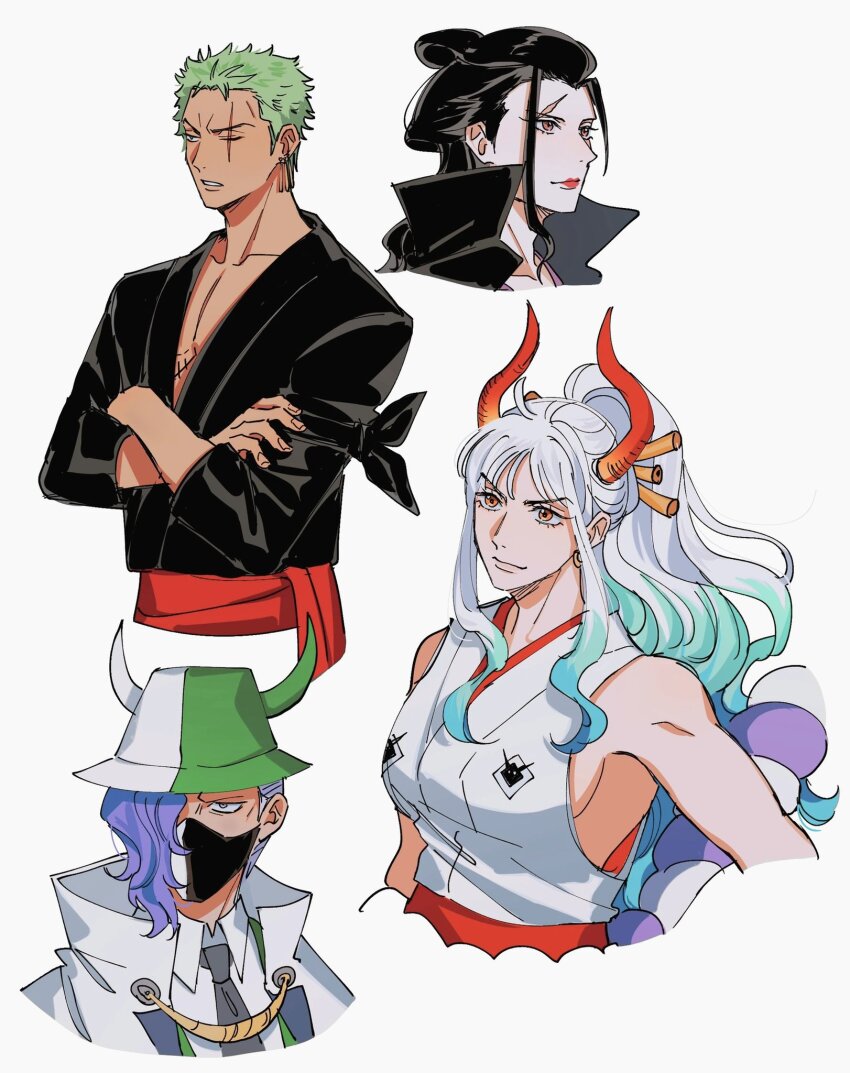1girl 3boys aqua_hair bandana_around_arm black_hair blue_hair commentary cropped_torso crossed_arms earrings green_hair hair_bun hair_ornament highres horns izou_(one_piece) japanese_clothes jewelry kimono looking_to_the_side mask mouth_mask multiple_boys one_eye_closed one_piece page_one_(one_piece) ponytail purple_hair red_horns red_lips red_sash rope roronoa_zoro sash scar scar_across_eye scar_on_face seirorath shimenawa short_hair sidelocks sleeveless sleeveless_kimono symbol-only_commentary v-shaped_eyebrows white_hair white_kimono yamato_(one_piece)