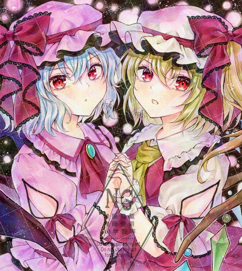 2girls :o alto2019 bat_wings blonde_hair blue_hair crystal_wings dress fang flandre_scarlet hair_between_eyes hat highres holding_hands looking_at_viewer medium_hair mob_cap multiple_girls neckerchief open_mouth pink_dress red_eyes red_neckerchief red_vest remilia_scarlet shirt short_sleeves siblings side_ponytail touhou traditional_media upper_body vampire vest watermark white_shirt wings wrist_cuffs yellow_neckerchief