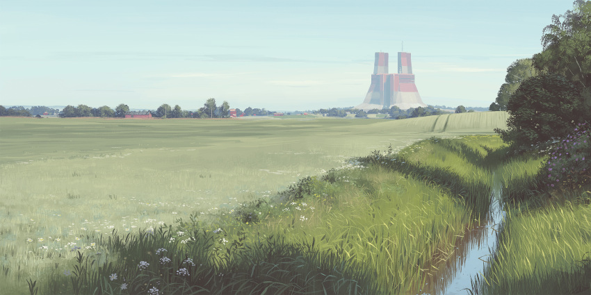 absurdres aircraft airplane barn building field grass highres no_humans outdoors plant science_fiction simon_stalenhag stream swedish_machines tree water