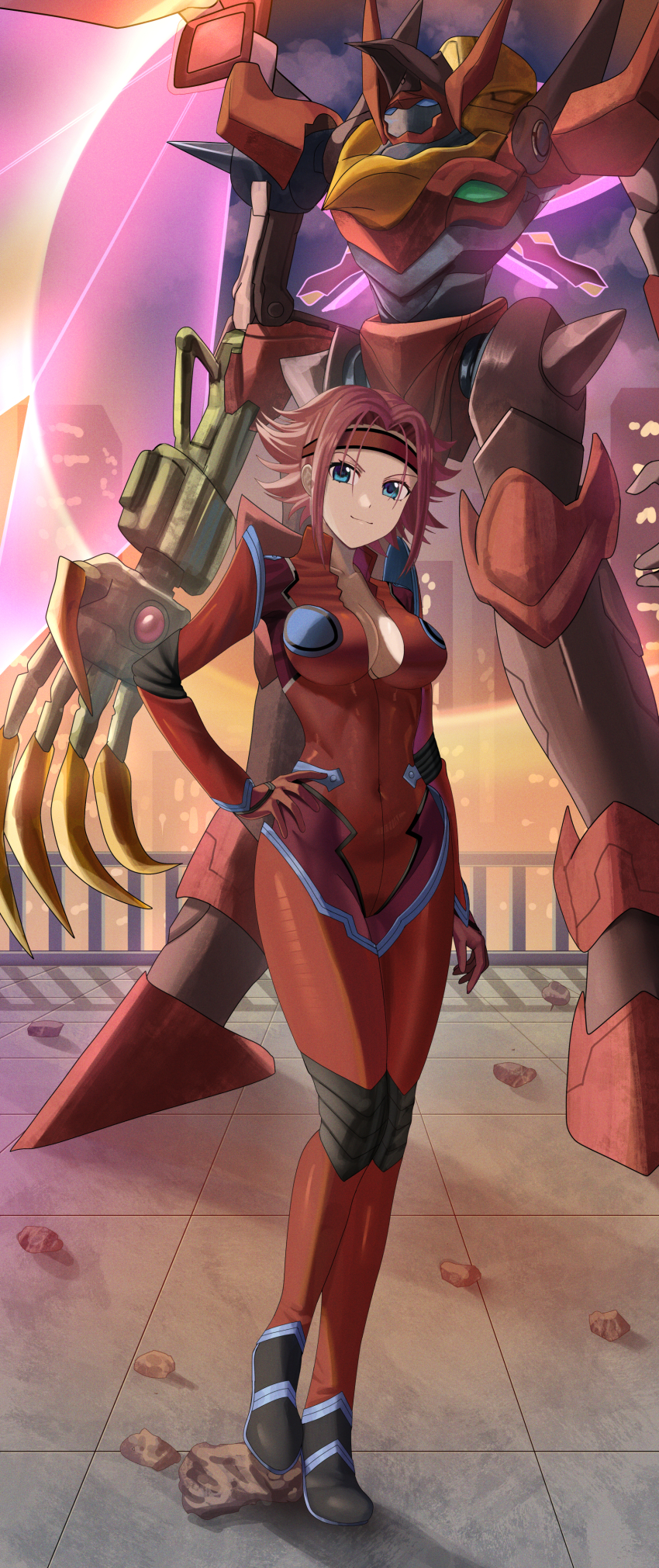 1girl absurdres blue_eyes bodysuit breasts cleavage closed_mouth code_geass covered_navel full_body guren_(code_geass) guren_mk-ii guren_s.e.i.t.e.n._eight_elements hand_on_own_hip headband highres kouzuki_kallen large_breasts looking_at_viewer mecha red_bodysuit red_headband robot short_hair silvertsuki smile standing thighs