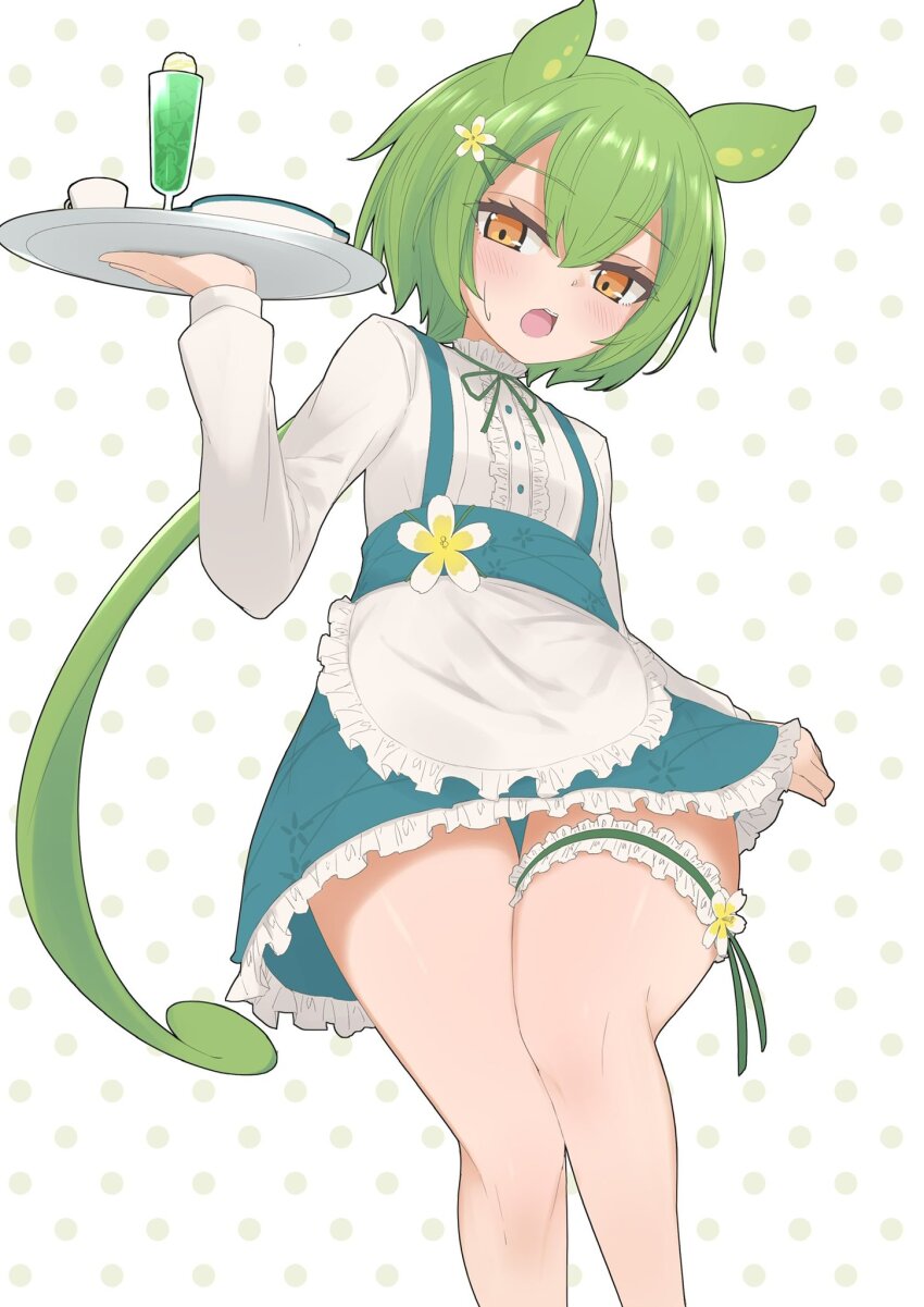 1girl alternate_costume apron arute_arisu bob_cut breasts center_frills flower frilled_apron frilled_skirt frilled_thigh_strap frills garter_straps green_hair hair_flower hair_ornament highres holding holding_tray maid maid_apron official_alternate_costume polka_dot polka_dot_background ponytail shirt simple_background skirt small_breasts solo standing suspender_skirt suspenders thigh_strap thighs tray voicevox waist_apron waitress_zundamon white_apron white_shirt yellow_eyes zundamon